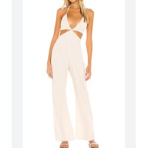 Indah V-neck Cut Out Halter Linen Blend Jumpsuit Cream XS